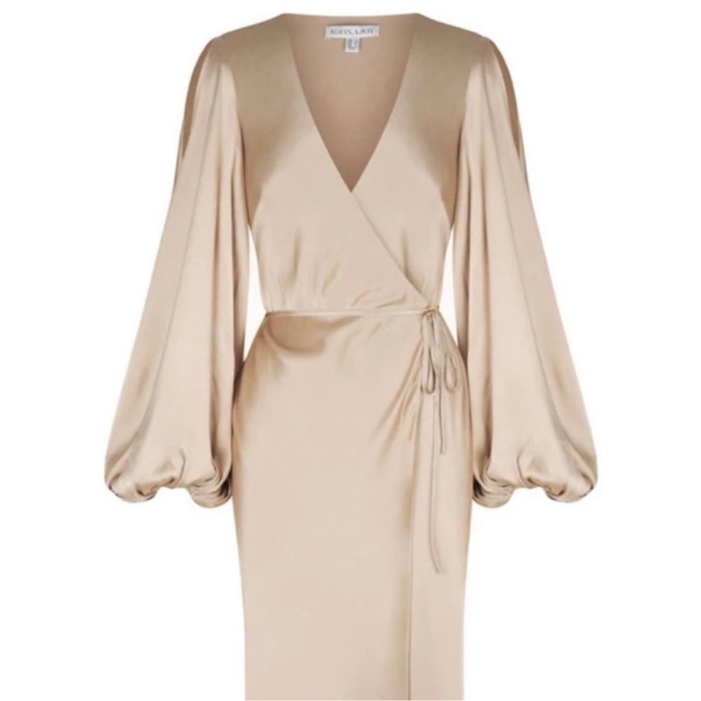 Shona Joy LA Luna gold ballon sleeve side tie midi dress New size 4